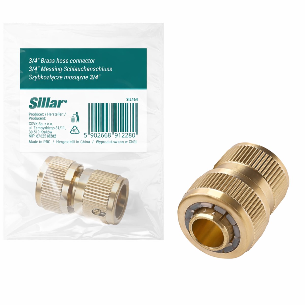 Sillar Snelslangkoppeling voor Tuinslang – Messing Kraanaansluiting – Tuinslangkoppeling – 3/4 inch - 1 stuck