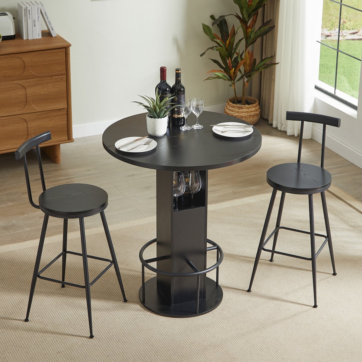 PHOEBE CAT Set tafel en stoelen - Tafel + 2 stoelen - Houten tafelblad - Metalen frame - Zwart