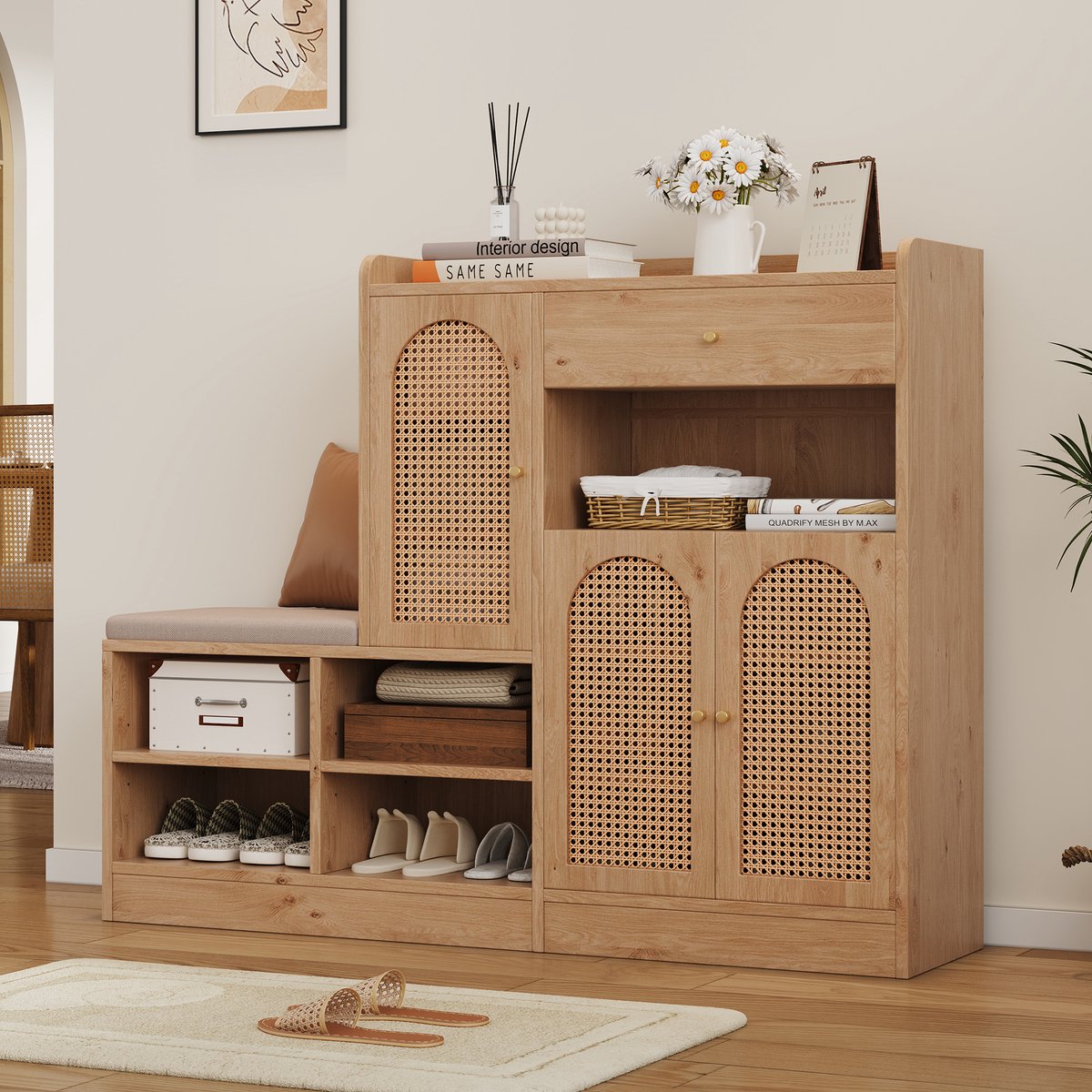 Wishdor Schoenenkast Met Zitbank - 4 Open Schoenenrekken - 3 Geperforeerde PE-Rottan Deuren - Met Lade - Spaanplaat - Naturel - 142x35x110 cm