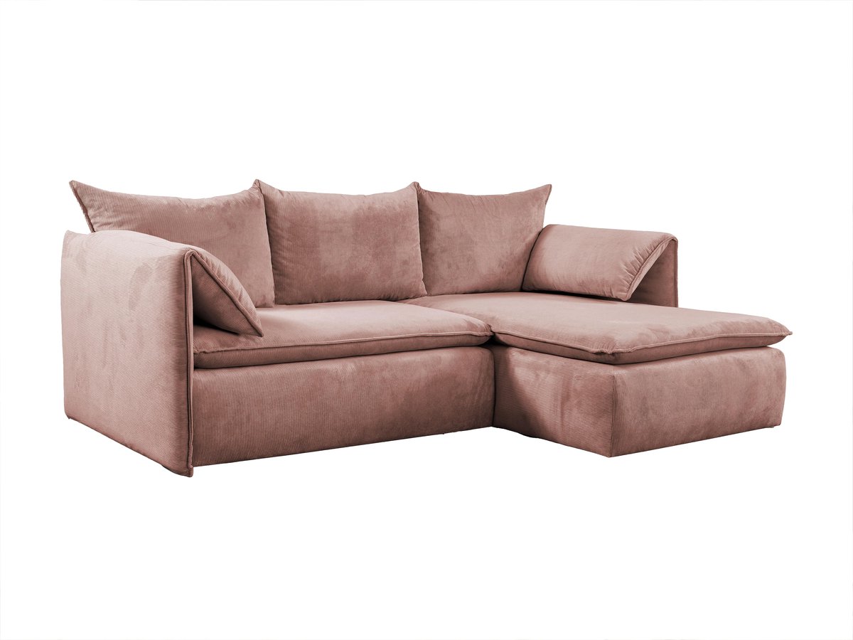 Hoekbank met slaapfunctie 230 × 166 × 91 cm – Poederroze ribfluwelen hoekbank met opbergruimte, uittrekbaar bed 210 × 135 cm, 4-zits loungebank met verstelbare armleuningen – Velvet Teodora Comfort – Bellavero