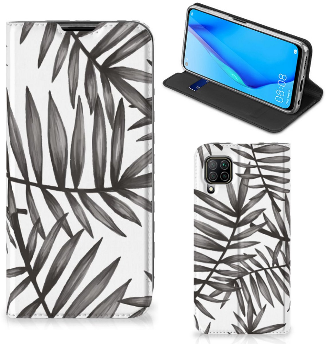 Standcase Hoesje voor Huawei P40 Lite Smart Cover Leaves Grey