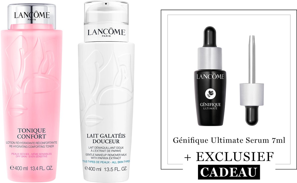 Lancôme 2-Step Gezichtsreiniging Skincare Routine: Make Up Remover | Toner + Cadeau - Galatée Confort Face Cleanser voor Droge Huid 400ml & Tonique Confort Face Toner 400ml + Génifique Ultimate Serum 7ml Anti-Aging Moisturizer Cadeau
