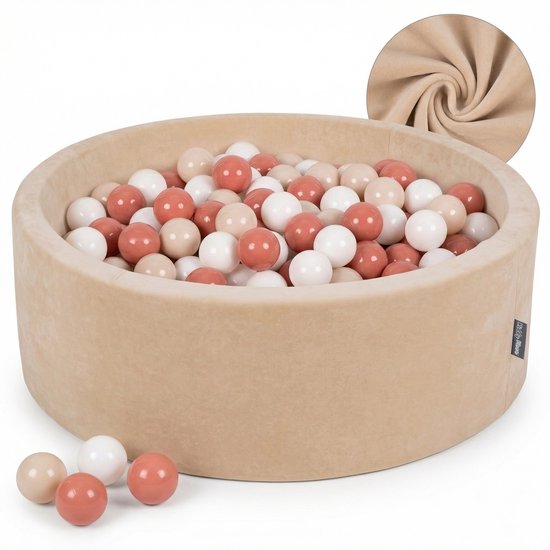 KiddyMoon Piscine à Balles Ronde Piscine à Balles en Velours 90X30cm / 200 Balles ∅ 7Cm Piscine à Balles pour Bébés, Piscine à Balles pour Tout-Petits, Fabriquée en UE, Beige Sable : Beige Pastel/Couleur Saumon/ Wit