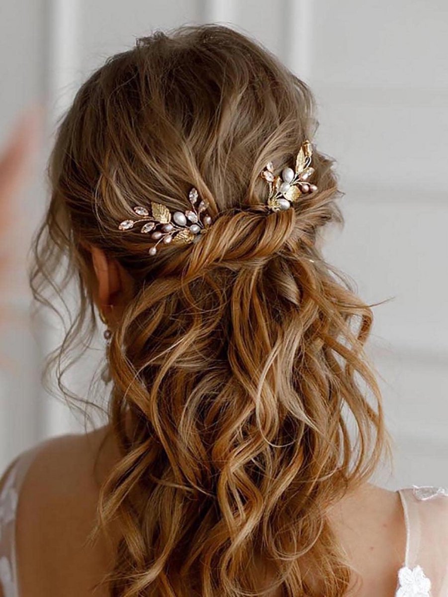 Bloemige Haarspelden Set - Gouden Kristal Haaraccessoires voor Bruiloft en Feest