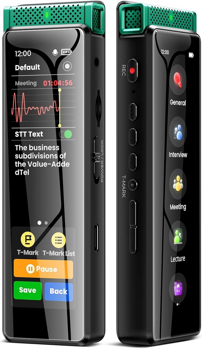 Digitale spraakrecorder met touchscreen, AI transcriptie en Bluetooth - 136 GB opslag