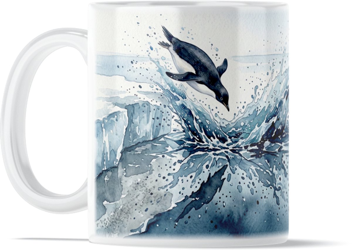 Aquarel Series Koffiemok met Duikende Pinguïn in IJslandschap - Theemok voor op het Werk of Thuiswerkplek - Unieke Dierenprint Drinkbeker Poolgebied Ontwerp - Cadeau voor haar: Vrouw, Vriendin of Collega - Antarctica Natuur Design