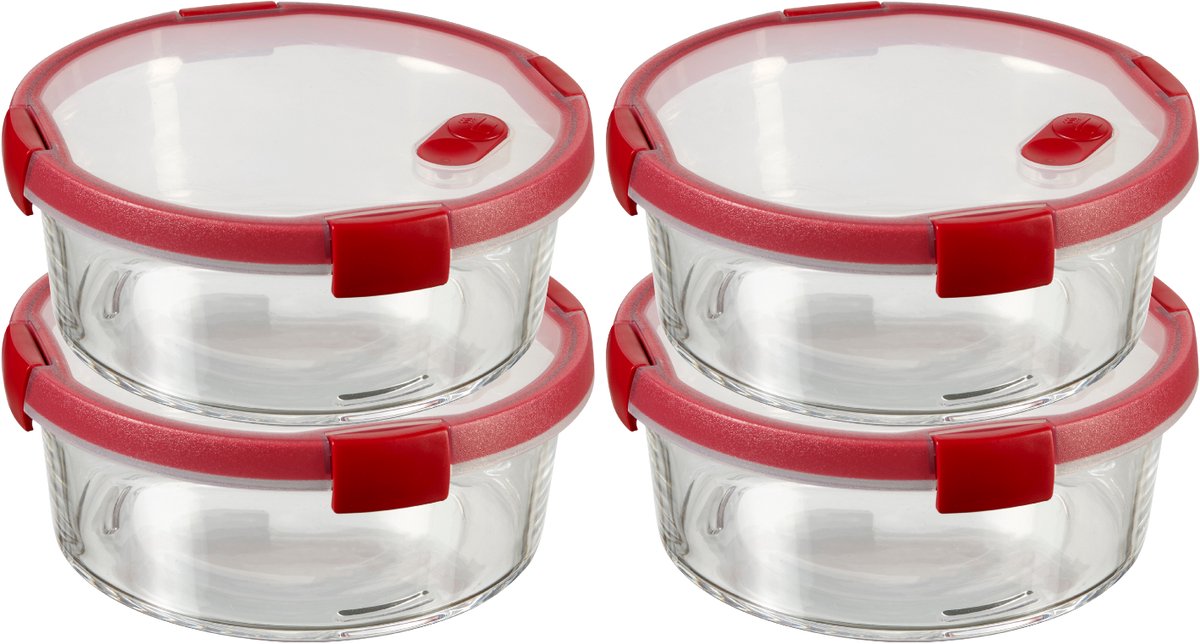 Curver Smart Cook Vershouddoos - Glas met deksel - Rond - Set van 4 x 1,2L - Rood/Transparant