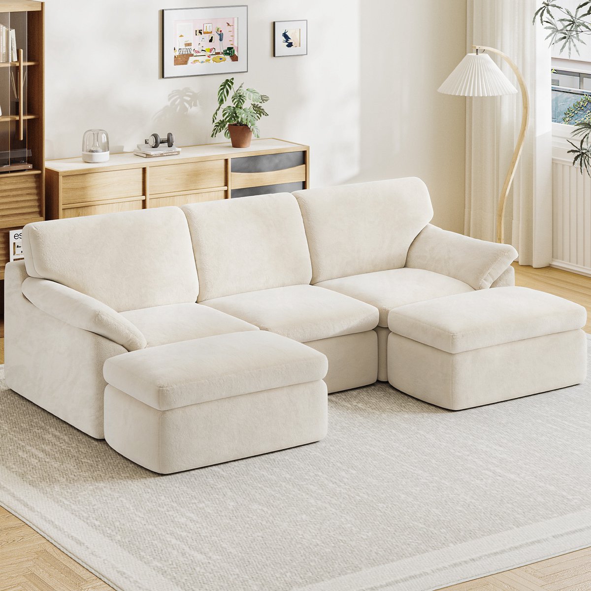 Banken - U-bank - 3-zitsbanken - Hoekbanken - Zetel met slaapgedeelte - Modulaire bank 240 cm breed - L-vormige bank - Vacuümverpakt - met ligvlak - Slaapbank - Geen montage nodig, met grote chaise longue - Incl. kussenset - Beige