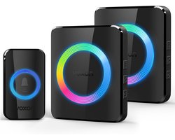 VOXON Draadloze deurbel, 400 m bereik, draadloze deurbel, set met 2 plug-in-ontvangers en 1 zender, IP65 waterdichte deurbel, voor buiten, 60 melodieën, deurbel, RGB-licht (zwart)