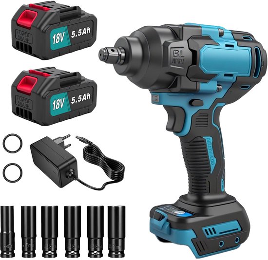 Slagsleutel met 2x 18V 5.5Ah accu's, lader en 6 doppen.