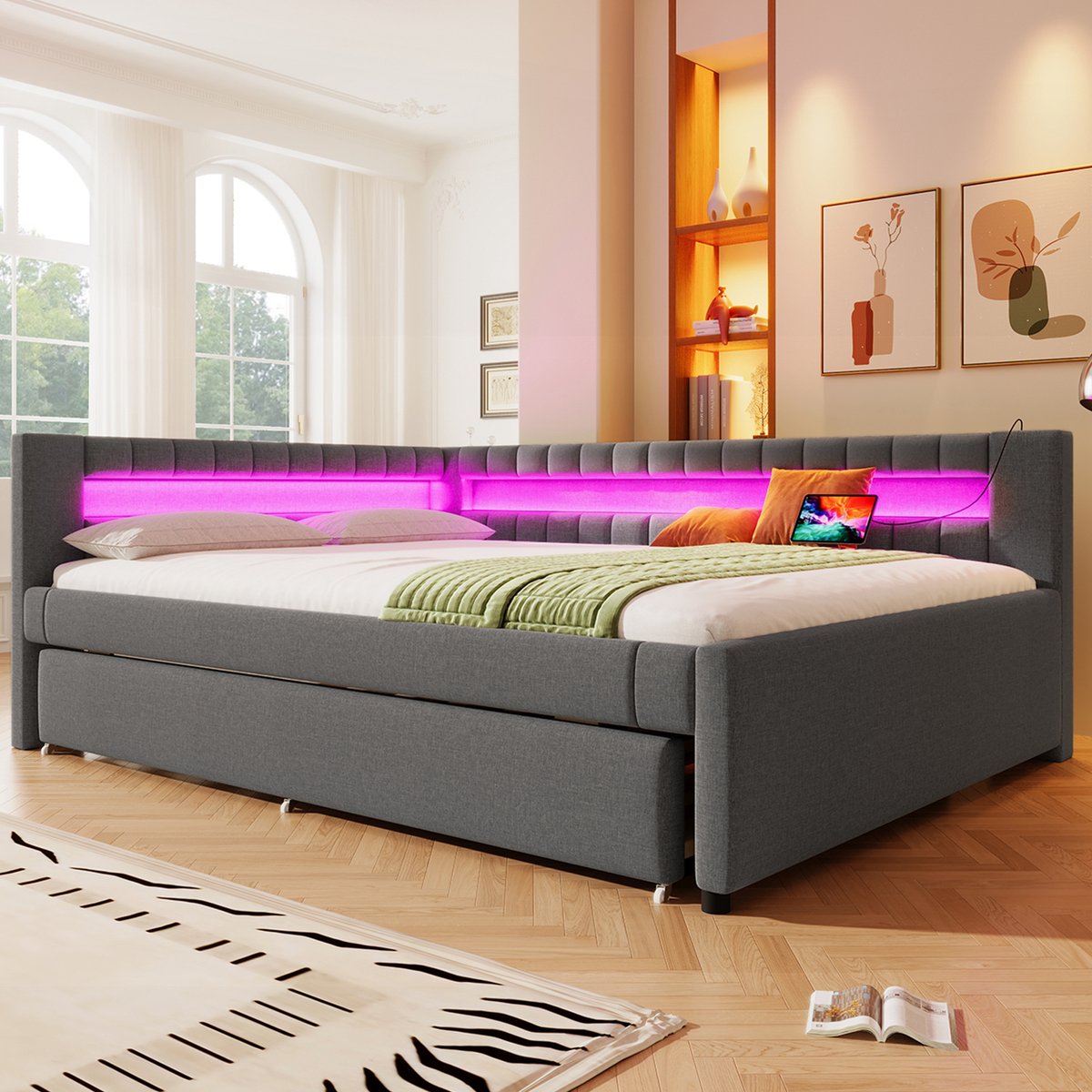 Wishdor Daybed - Met Uitschuifbed - Led-Lichtstrip Aan Het Voeteneinde - Usb En Type-C Aansluiting - Linnen En Mdf - Grijs - 140 X 200 Cm