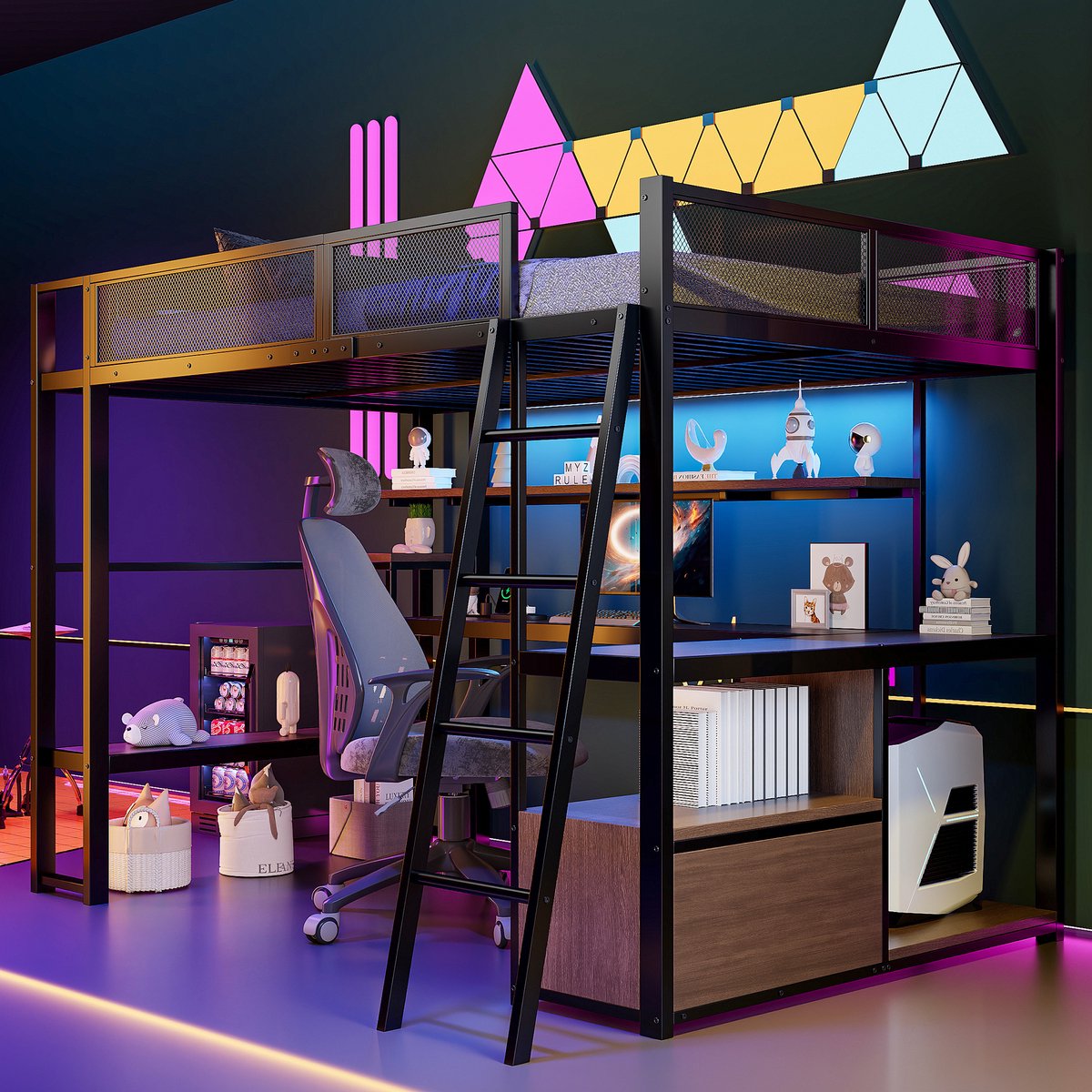Wishdor Metalen hoogslaper 140x200 cm - Bureau, opbergvakken, led & laadstation - Zwart - Creëer een stoere werk- en slaapplek