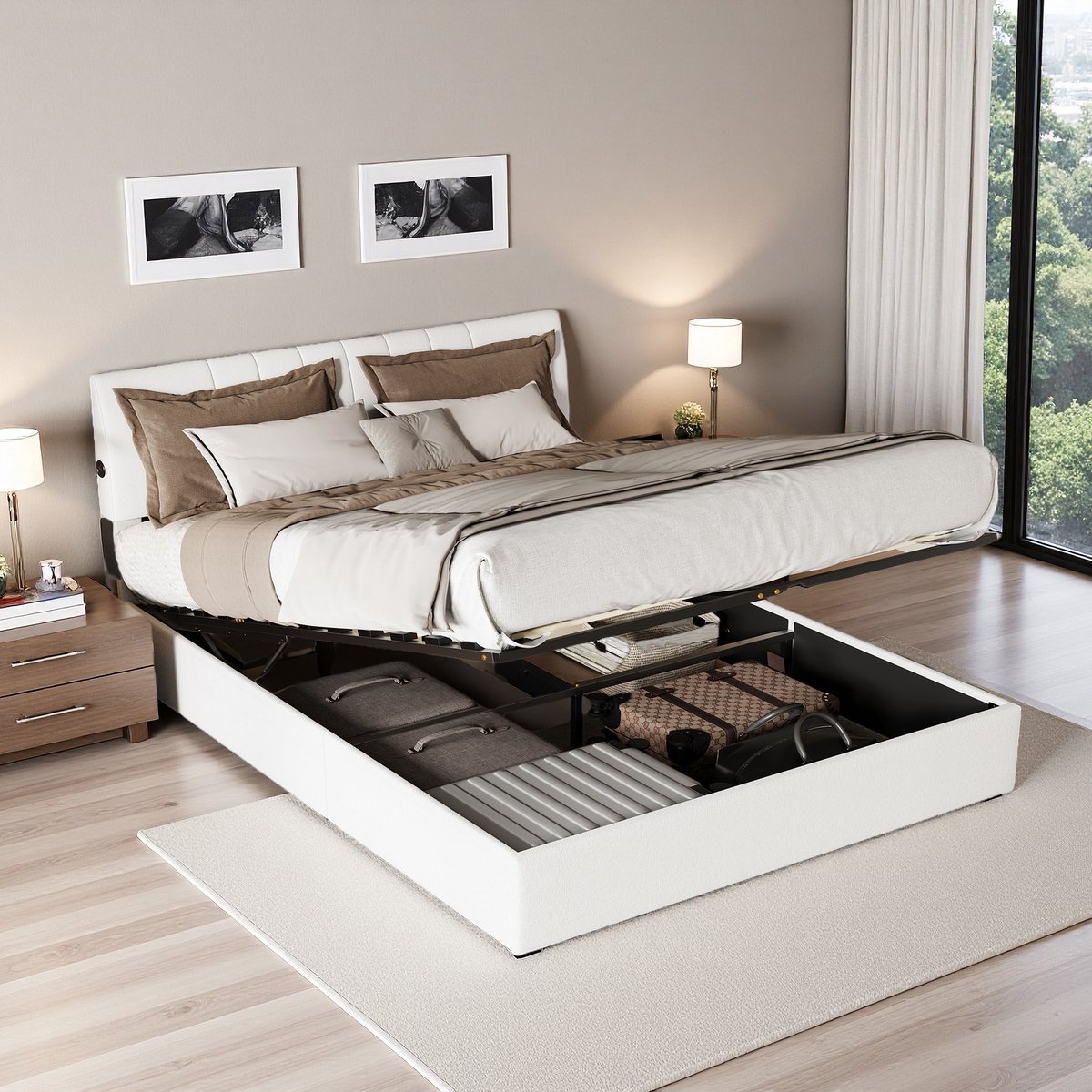 Bed 140x200 met Opbergruimte en Oplaadpunten – Teddy Stof Tweepersoonsbed Crème met Gaslift Opbergbed – Modern Bedframe 140x200
