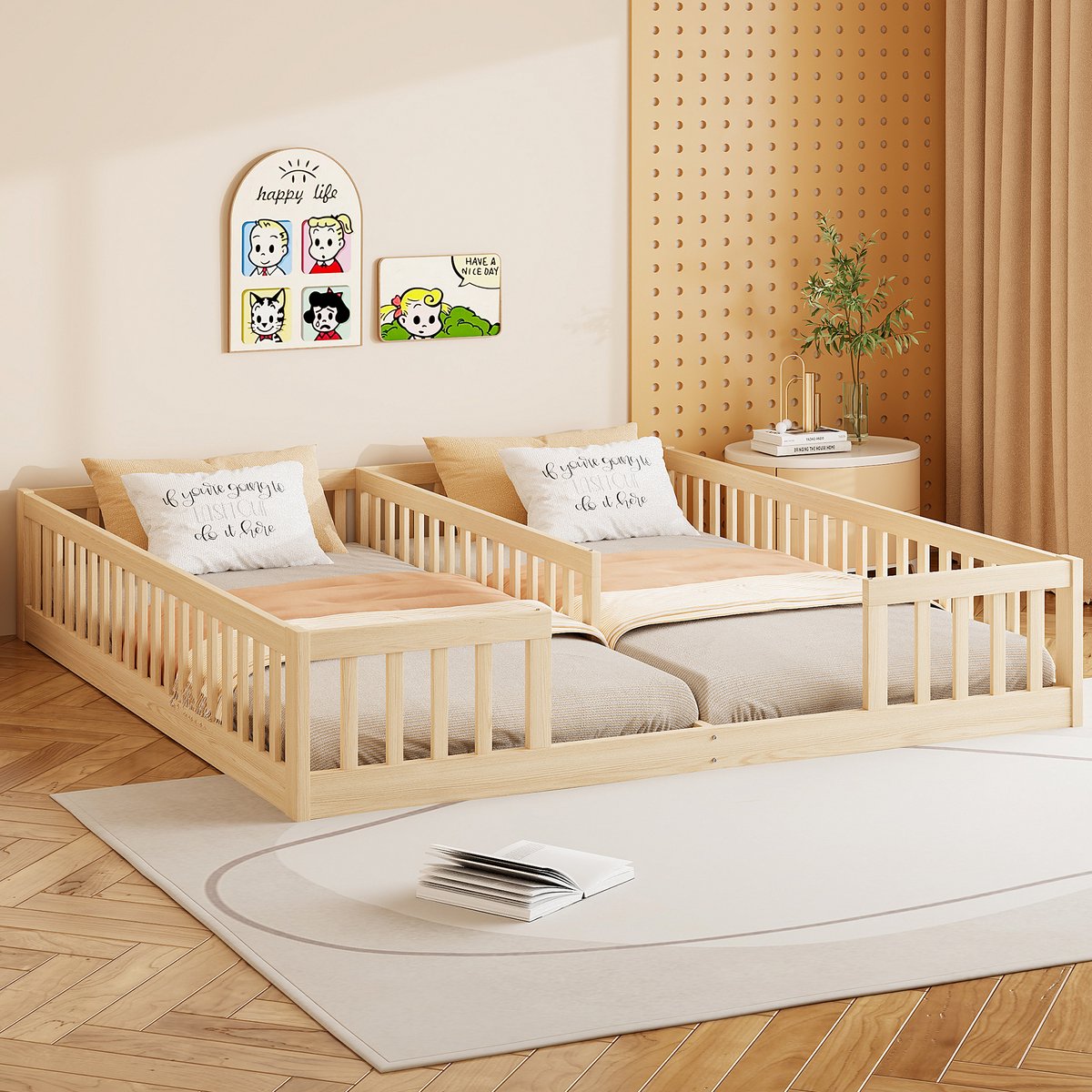 Wishdor Paneelbed - 2x 90x200 cm - Lage Vloerbedden Met Rondom Veiligheidshek - Voor Gedeelde Kinderkamer - Grenenhout/MDF - Naturel Natuurlijke