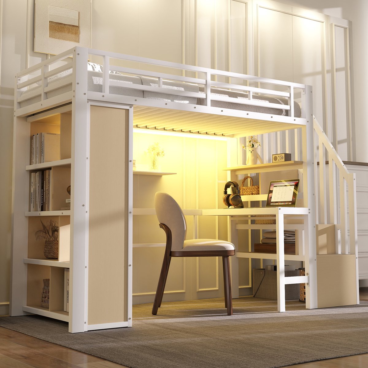 Wishdor Hoogslaper 90x200 cm - Met geïntegreerd bureau en opbergtrap - LED-verlichting met app - Robuust metaal en MDF - Ruimtebesparend - Wit - L 251 x B 94 x H 169,4 cm