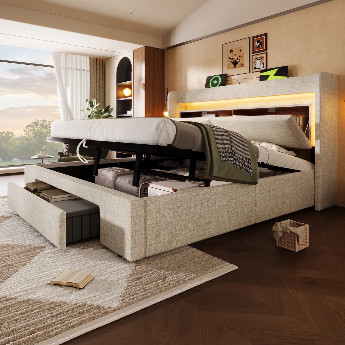 Wishdor Gestoffeerd Bed - 160 x 200 cm - Hydraulische Opbergruimte - LED en USB/USB-C - Linnen - Beige - Ruim en Elegant