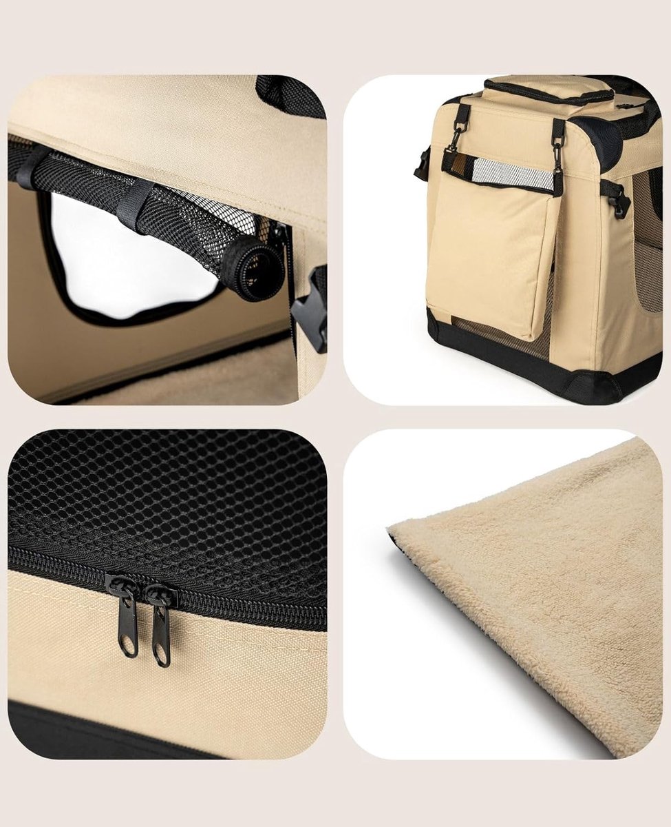 lionto Opvouwbare Hondentransportbox voor Reizen & Auto, 70x52x50 cm, Stevige Draagbox met Handvaten & Deken, tot 15 kg, Duurzame Stoffen Hondenbox, Klein & Groot, Beige thumbnail 2