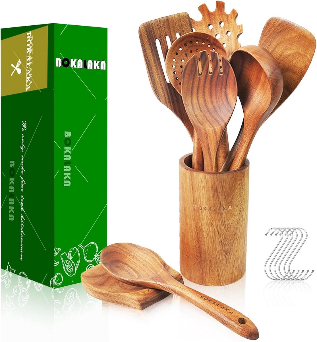 Houten kookgerei set van 9 delen, natuurlijk teakhout, duurzame keukentools