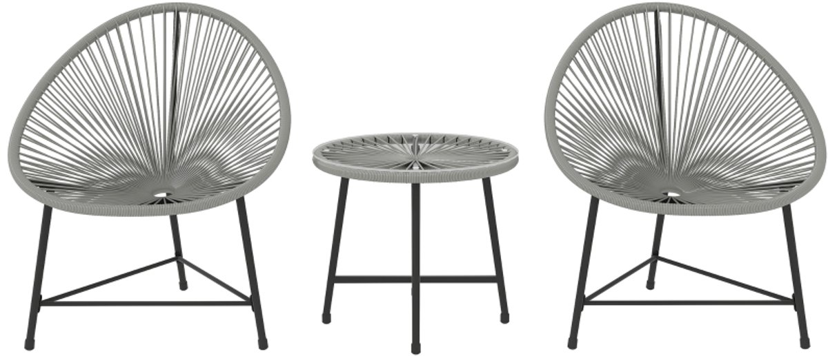 Daity Een driedelige rotan eettafel- en stoelenset, een tuinset met een Acapulco-stoel en een glazen tafelblad. Deze compacte tuinset heeft een verstevigd metalen frame en is geschikt voor gebruik buitenshuis, op het terras en balkon.