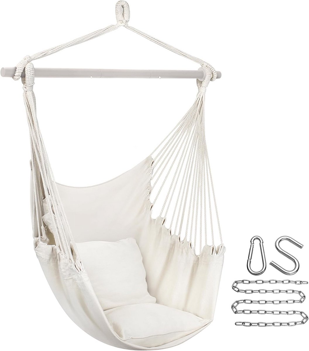 Hanging rocking chair - Comfortable cotton fabric - Portable indoor and outdoor use - Includes cushions