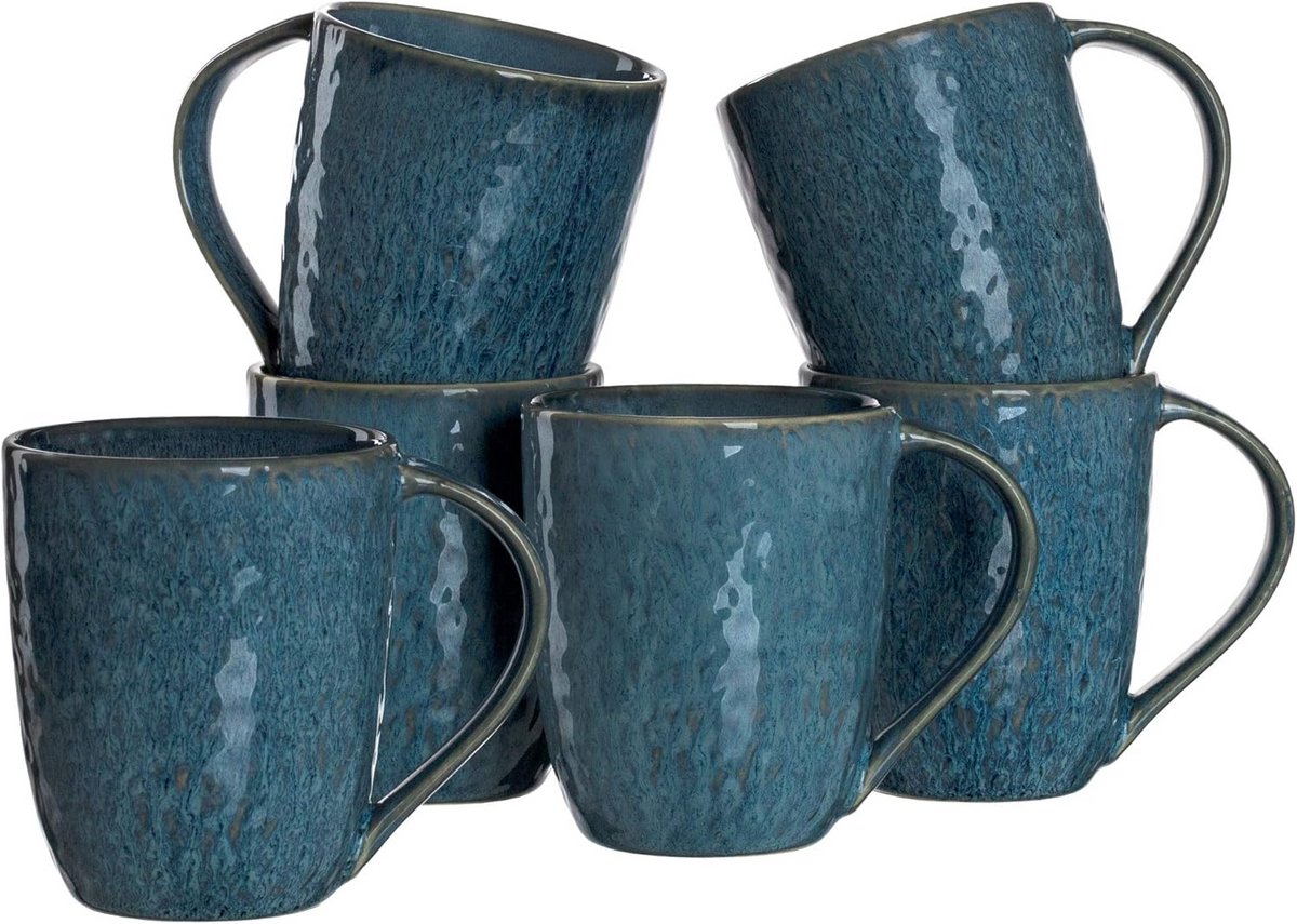 Set van 6 keramische mokken - Rustiek design in blauw