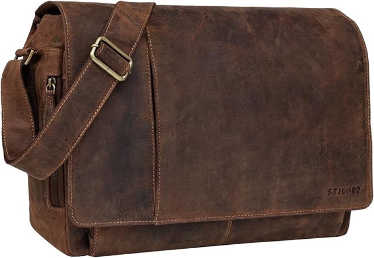 Lederen messenger tas voor laptop tot 15,6 inch - Cognacbruine aktetas met schouderband