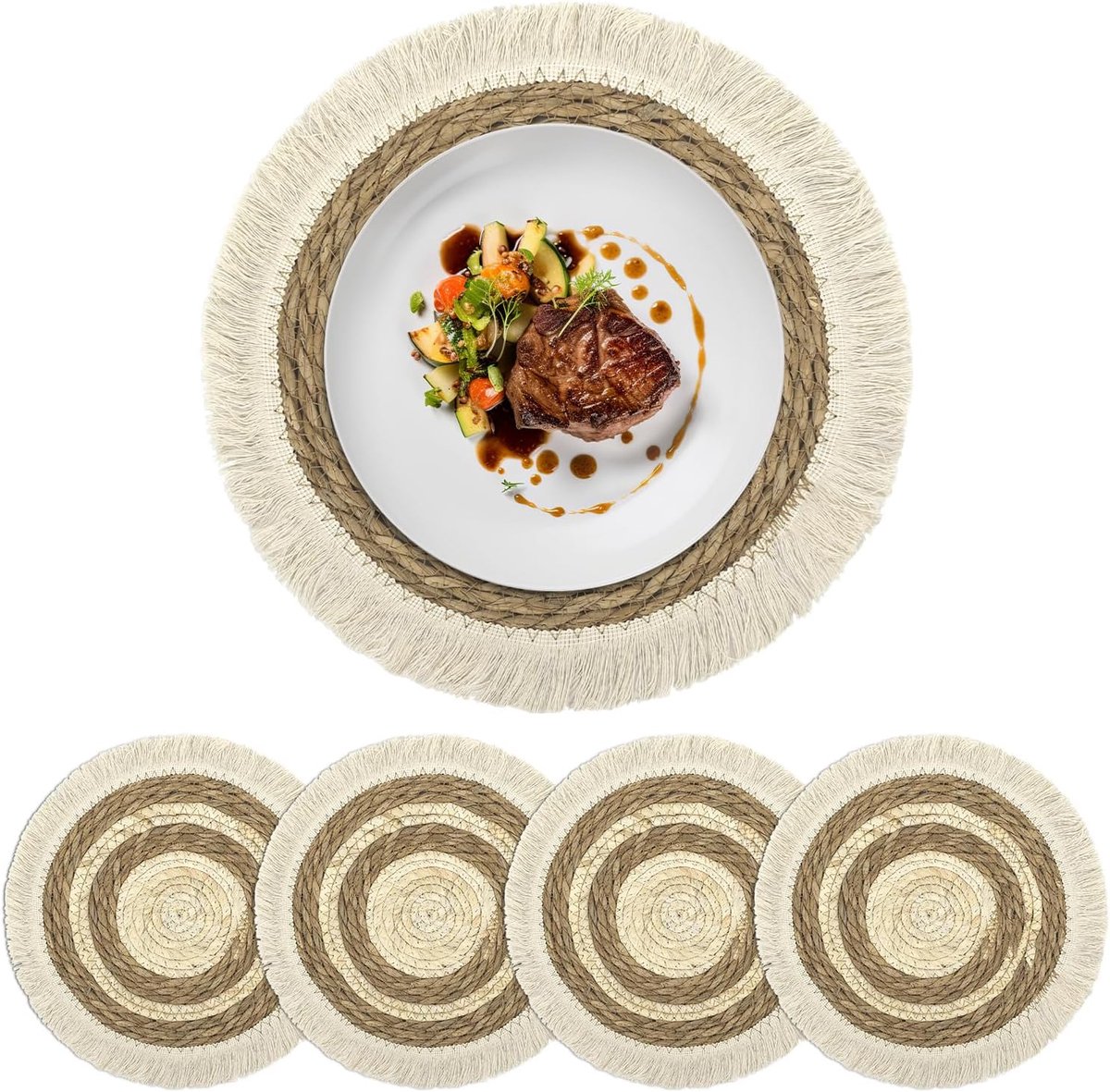 Boho Ronde Graskwastjes Placemats Set van 4 - Rustieke Geweven Tafelmatten voor Eettafel