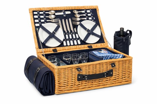 HOB Luxe Picknickmand - Picknickset - Picknick Mand - Complete set - 4 Persoons - 25-delig – Koelvak Deken Borden Bestek & Glazen
