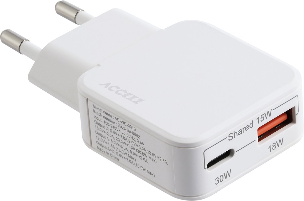 Accezz Ultra Slim GaN Oplader - USB-C + USB-A - 30W - Wit