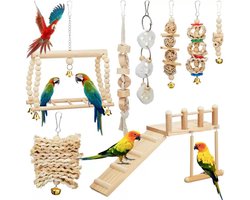 Vogelkooi Vogel Speelgoed Set 8 stuks - Vogelschommel - Ladder - Bal met bel - Parkieten Speelgoed