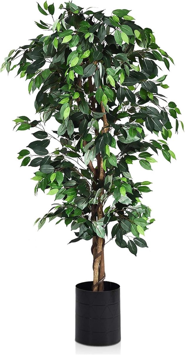 KOMFOTTEU 180 cm ficusboom met pot, kunstboom met 1008 bladeren en echte houten stam, decoratieve plant voor woonkamer of balkon, kunstplant van polyester en hout, incl. potafdekking