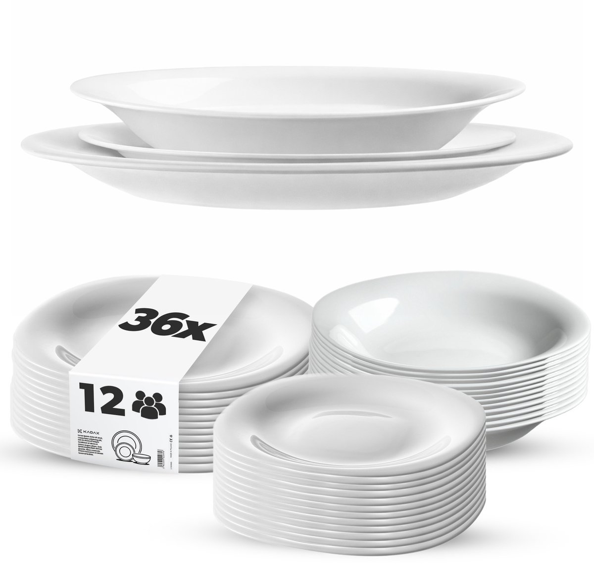KADAX servies voor 12 personen, 36-delig, servies met soepbord, dessertbord en dinerbord, eetgerei, servies, bordservies (wit XL)