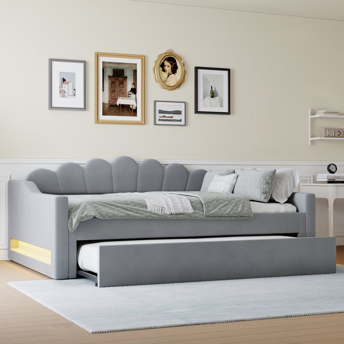 REDOM Bedbank 140x200x84 cm van linnen stof, met uitschuifbed en LED-verlichting