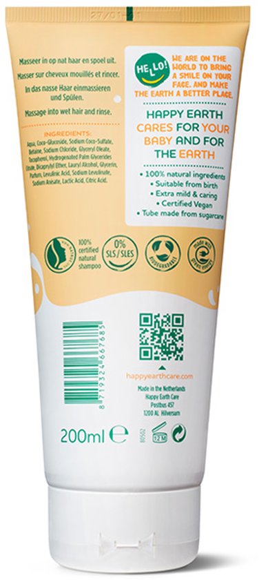 Achterkant Happy Earth Baby & Kids shampoo tube, 200ml, met informatie over ingrediënten en tube van suikerriet.