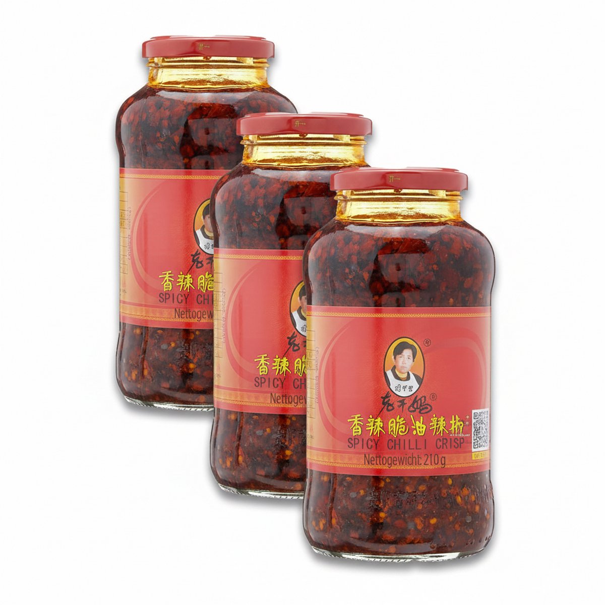 Lao Gan Ma Geroosterde Chilipasta 3 x 210 g - Krokante Chili's in Olie, Geroosterde Chilivlokken met Szechuanpeper, Chilisaus met Gefermenteerde Sojabonen, Pittig en Pittig Veganistisch met Kajal Sticker