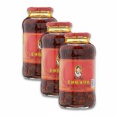 Lao Gan Ma Geroosterde Chilipasta 3 x 210 g - Krokante Chili's in Olie, Geroosterde Chilivlokken met Szechuanpeper, Chilisaus met Gefermenteerde Sojabonen, Pittig en Pittig Veganistisch met Kajal Sticker