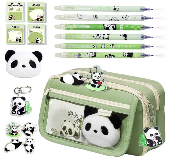 Groene etui met panda thema, met transparant vak, panda knuffel, panda sleutelhanger en 6 pennen, plus 4 stickers en 4 notitieblokjes.