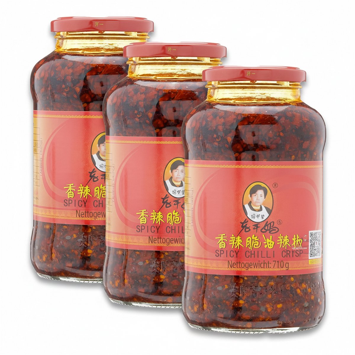Lao Gan Ma Geroosterde Chilipasta 3 x 710 g - Krokante Chili's in Olie, Geroosterde Chilivlokken met Szechuanpeper, Chilisaus met Gefermenteerde Sojabonen, Pittig en Pittig Veganistisch met Kajal-sticker