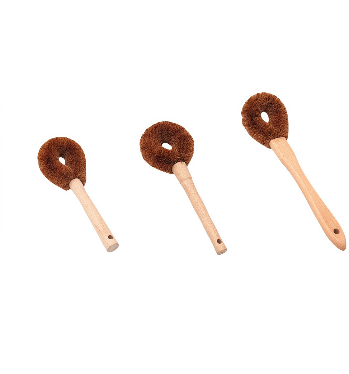 3-delige set - Afwasborstel van kokosvezel - Houten handvat - Geschikt voor gootstenen en kookplaten - 3 maten (22*8 cm + 25*9 cm + 31*8,5 cm) - Bruin