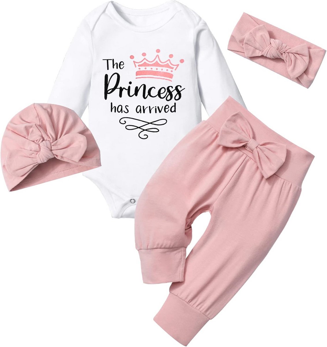 Schattige 4-delige Baby Meisje Kleding Set Roze Witte Ruches voor Pasgeborenen 0-6 Maanden