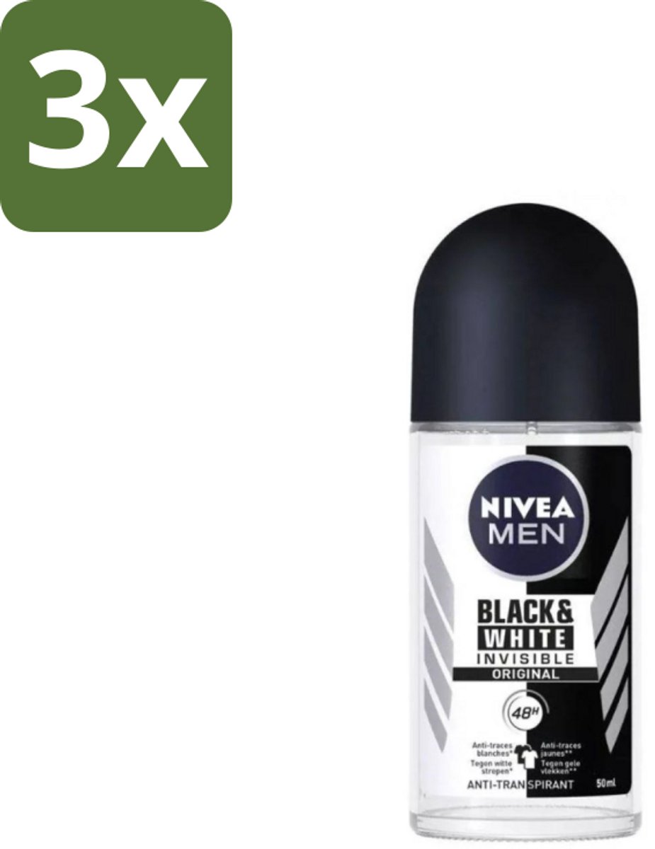 Nivea Men – Deodorant Roller – Invisible for Black & White – 50 ml - Bulkverpakking - 3 stuks