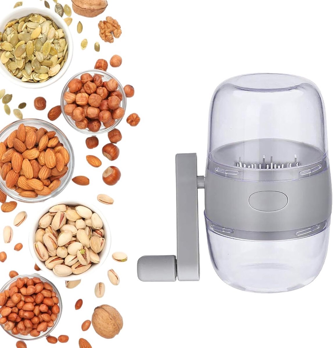 Grijs - Handmatige notenhakker met handvat - Gedroogd fruitmolen met handslinger - Keuken multifunctionele hakselaar Hakselaar - Voor noten Walnoot Pecan Gember Knoflook - Voor het maken van ingrediënten