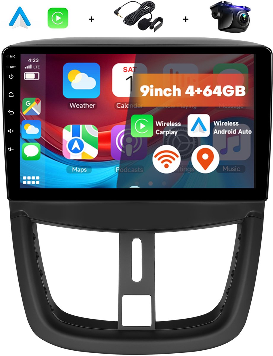 Boscer Android 15 Autoradio - Geschikt voor Peugeot 207 2006-2015 - 4+64GB - 9 inch HD IPS Touchscreen - Draadloze Apple CarPlay & Android Auto - GPS Navigatie - Bluetooth, USB & MP5 - Microfoon & AHD Achteruitrijcamera