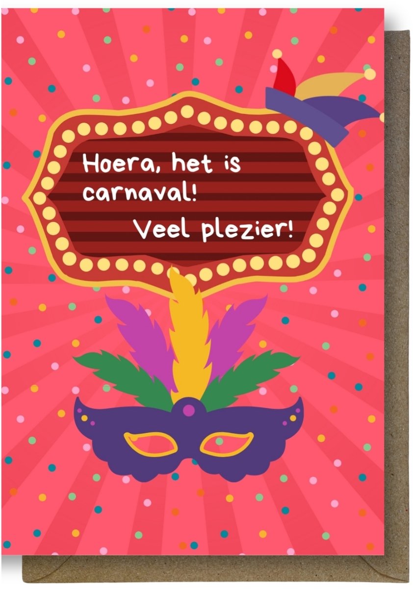 Luxe carnaval Wenskaart - carnavalkaart - hoera het is carnaval - 12x17cm - gevouwen kaart Inclusief gekleurde envelop