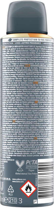 Achterkant van een Dove Men+Care deodorant spray met ingrediëntenlijst en FIFA-logo.