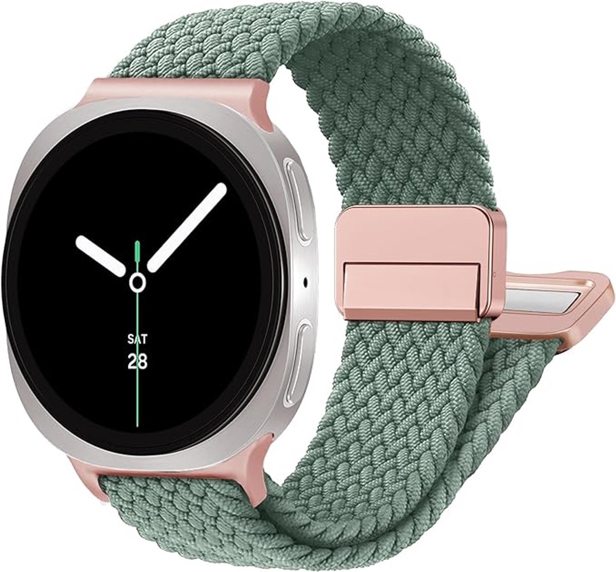 Zandarix Geschikt voor Samsung Galaxy Watch 8 - 40/44mm - Samsung Galaxy Watch Classic 46mm - Gevlochten Magnetische Horlogeband - Heren & Dames - Elastische Nylon - Geweven - Olijfgroen