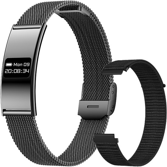 Zwarte smartwatch met een milanees RVS band en een extra geweven siliconen band. Scherm toont "Mon 09 20:08:34".