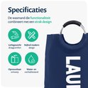 Donkerblauwe wasmand met aluminium handgrepen en de tekst 'LAUNDRY'. Lichtgewicht, modern design, opvouwbaar en waterafstotend.