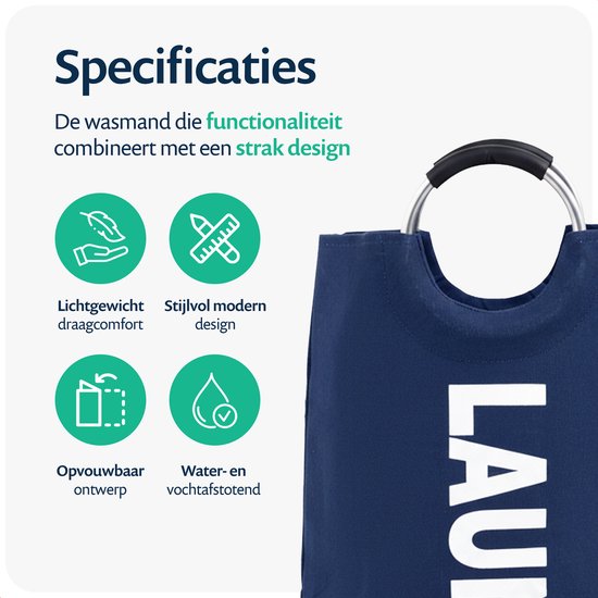 Donkerblauwe wasmand met aluminium handgrepen en de tekst 'LAUNDRY'. Lichtgewicht, modern design, opvouwbaar en waterafstotend.