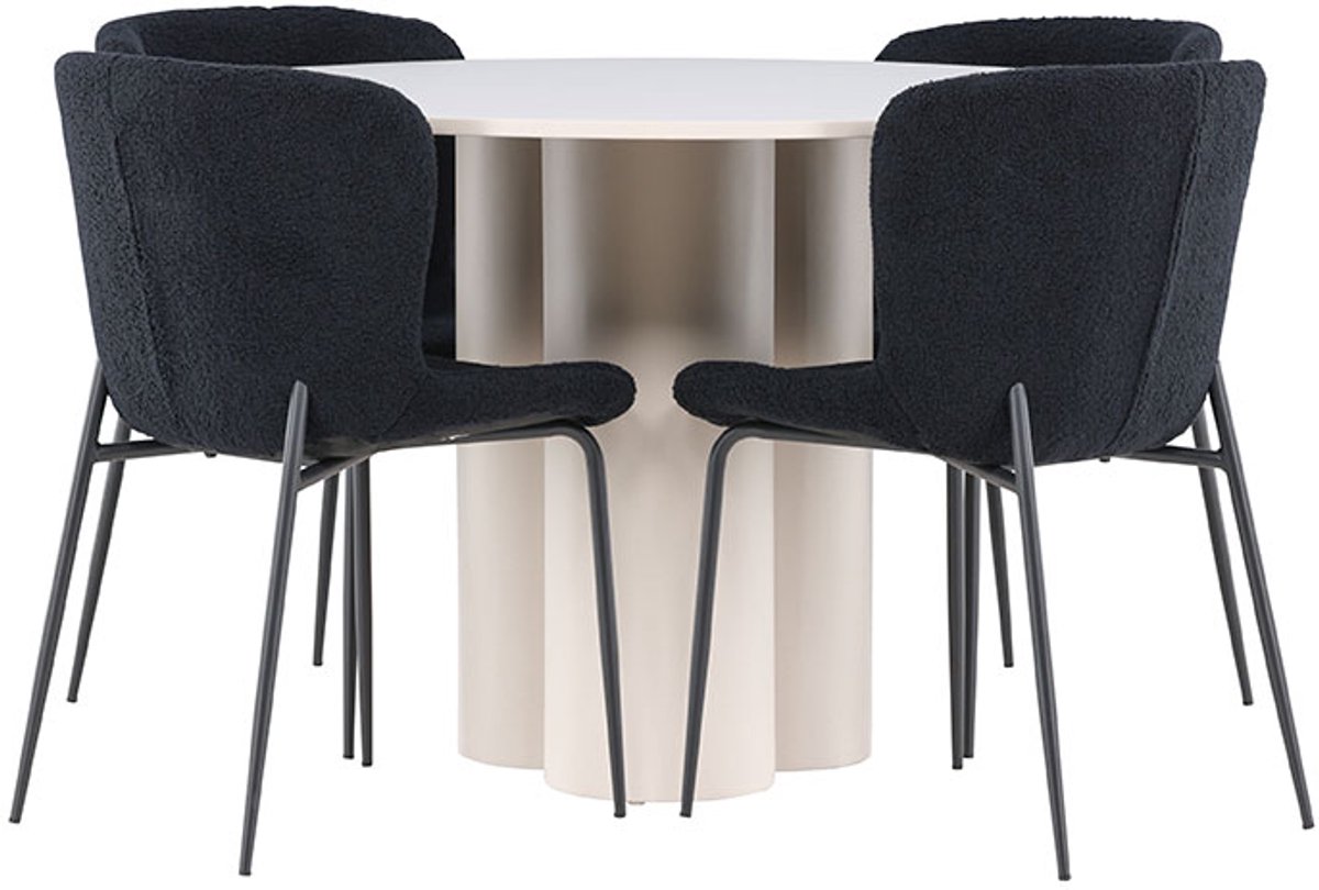 Olivia eethoek tafel Ø110cm en 4 teddy stoelen beige.